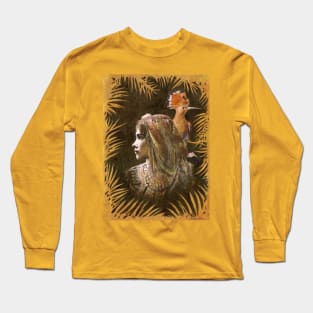 Vintage Decorative Girl and Bird Portrait Long Sleeve T-Shirt